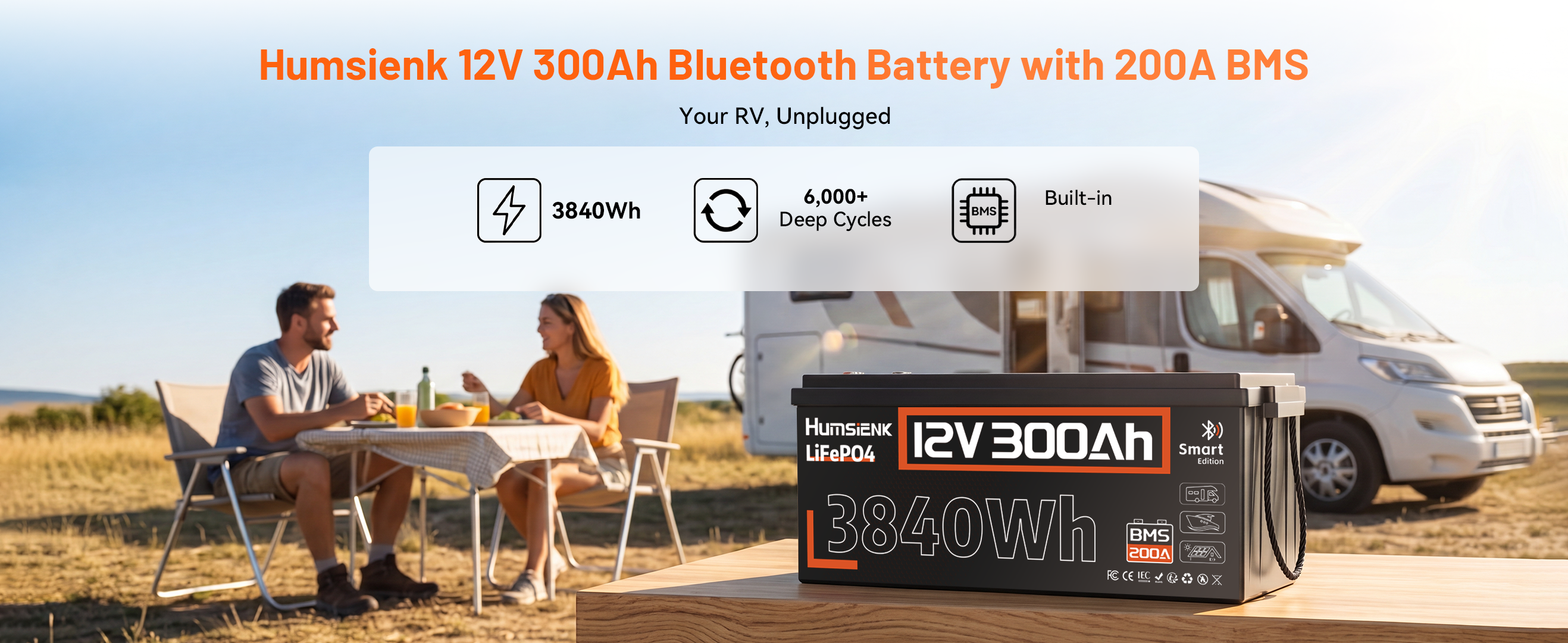 Humsienk 12V 300Ah Bluetooth LiFePO4 battery with 200A BMS, 3840Wh and 6000+ cycles for RV off-grid.PC