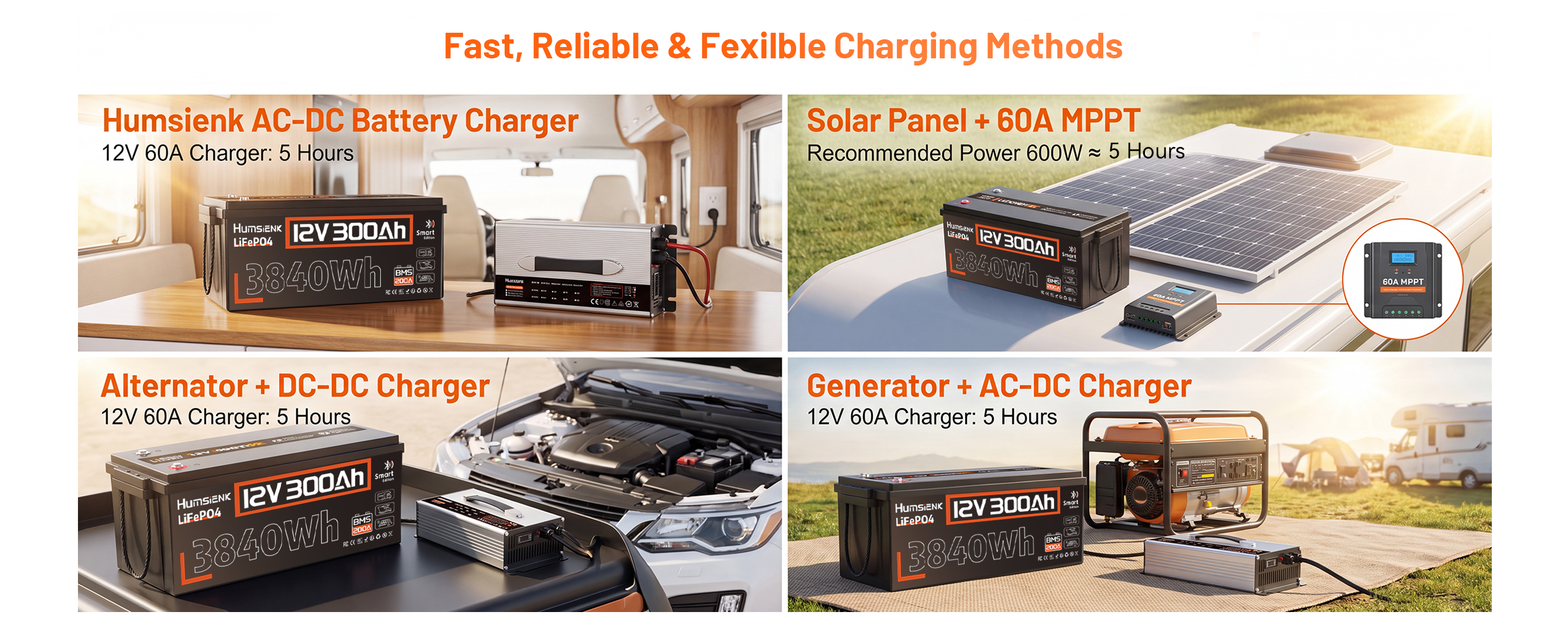 Fast 5-hour charging methods for 12V 300Ah LiFePO4 battery solar generator alternator shore power.PC