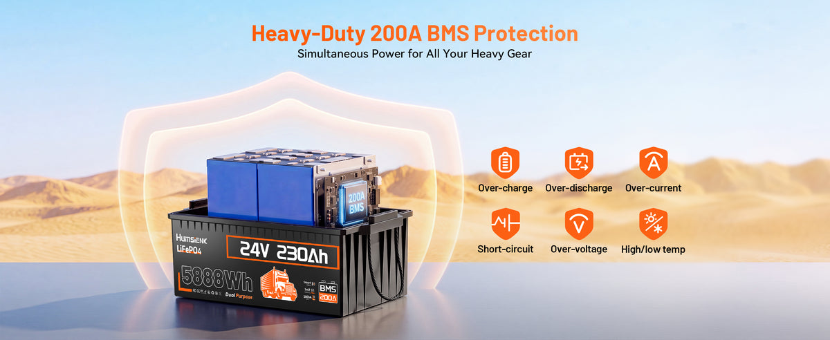 Humsienk 24V 230Ah LiFePO4 battery with 200A BMS protection against over-charge, over-discharge, over-current, short-circuit, over-voltage, and high/low temperature.PC