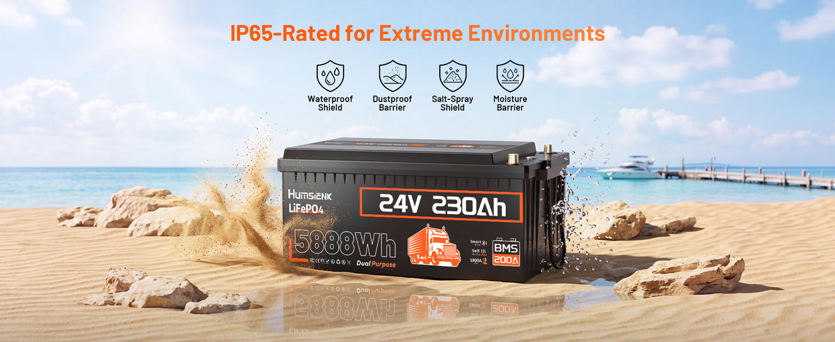 Humsienk 24V 230Ah LiFePO4 battery with IP65 rating, waterproof and dustproof shielding, salt‑spray and moisture barriers, CE/CEC/RoHS certified, and smart 200A BMS for extreme environment reliability.PC