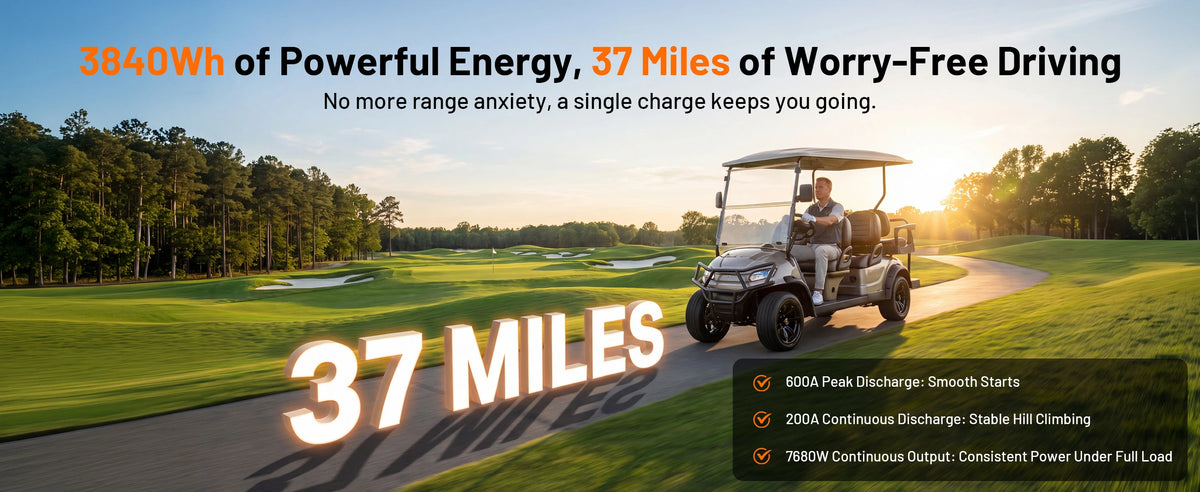 Humsienk 36V 100Ah LiFePO4 golf cart battery – 37 miles range, 600A peak discharge, 200A continuous, 7680W stable output