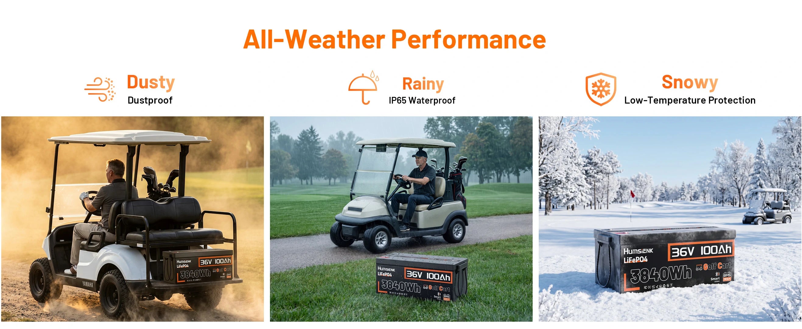 Humsienk all-weather LiFePO4 golf cart battery – IP65 waterproof, dustproof, low-temperature protection for snow and rain