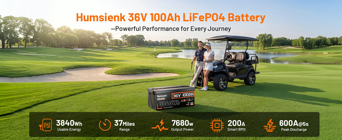 Humsienk 36V 100Ah LiFePO4 golf cart battery with Bluetooth BMS, 3840Wh usable energy, 7680W continuous output power