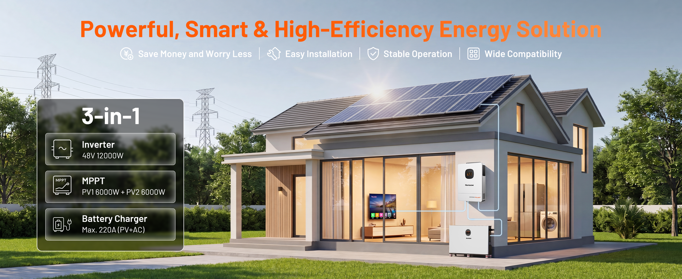 Humsienk 48V 12kW 3-in-1 solar hybrid inverter with dual 6kW MPPT solar input and 220A battery charger for home energy storage.