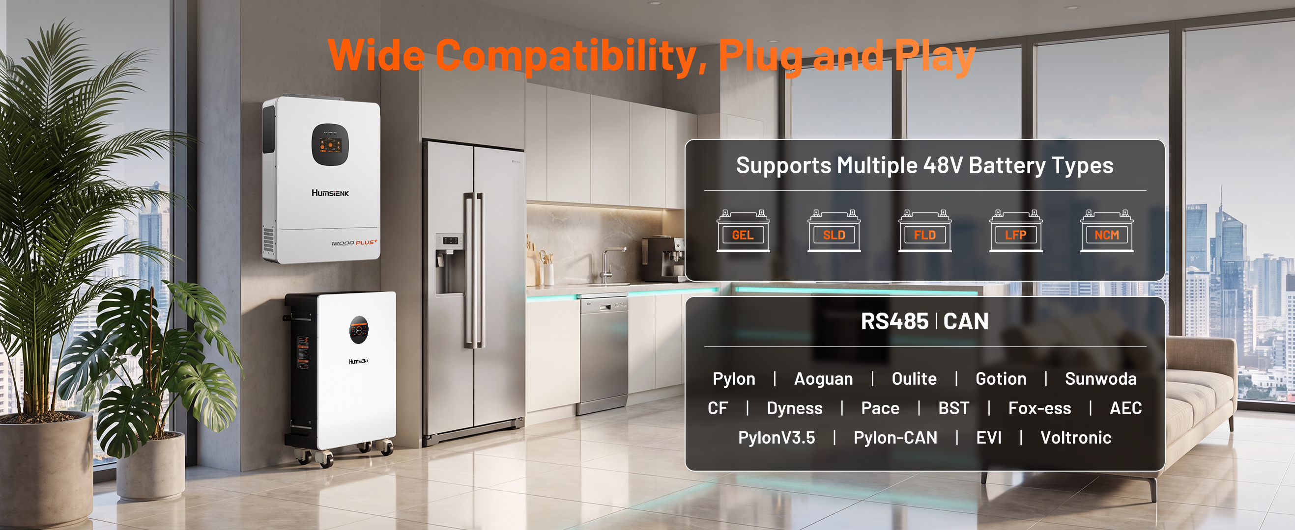 Wide compatibility 12kW 48V inverter supporting Pylontech, Dyness, Fox-ESS, and Voltronic batteries via RS485 and CAN bus.