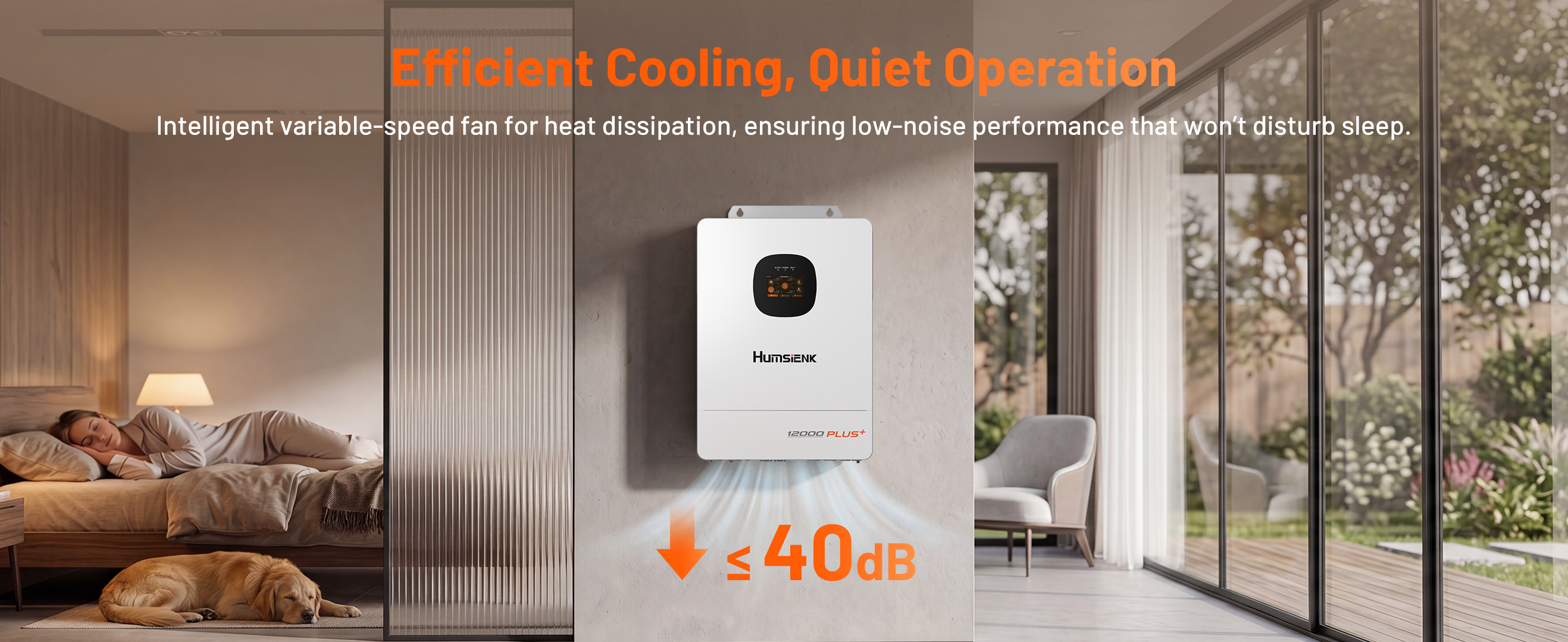 Low-noise 48V 12kW hybrid inverter with intelligent variable-speed cooling fan operating at ≤40dB for quiet home installation.