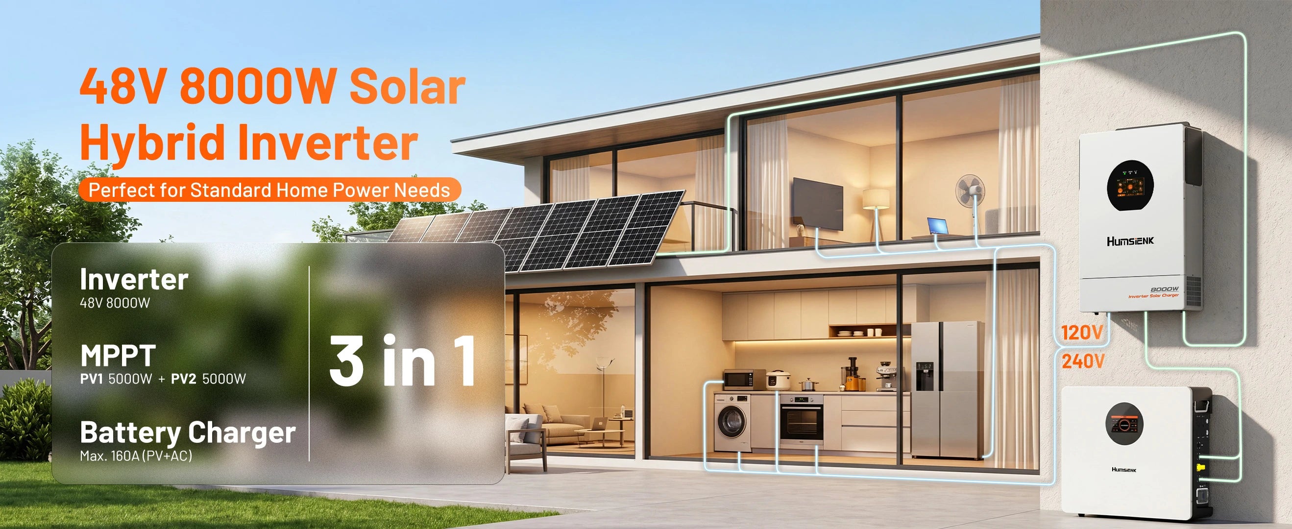 Humsienk 48V 8000W solar hybrid inverter all-in-one with MPPT and 160A battery charger for home power