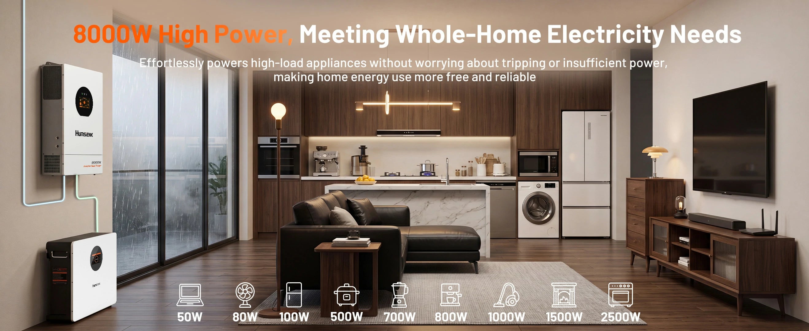 Humsienk 8000W inverter powers whole-home appliances from 50W to 2500W without overloading