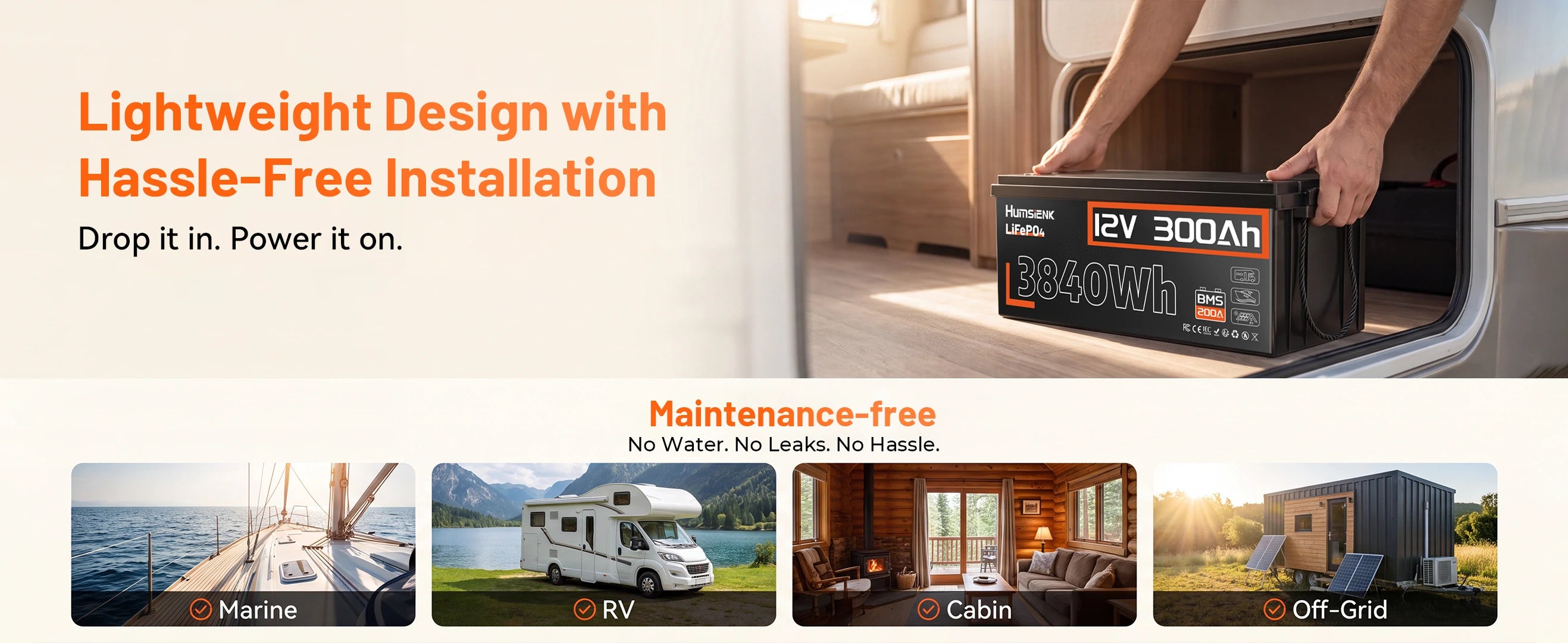 Humsienk 12V 300Ah lightweight drop-in maintenance-free marine RV cabin off-grid