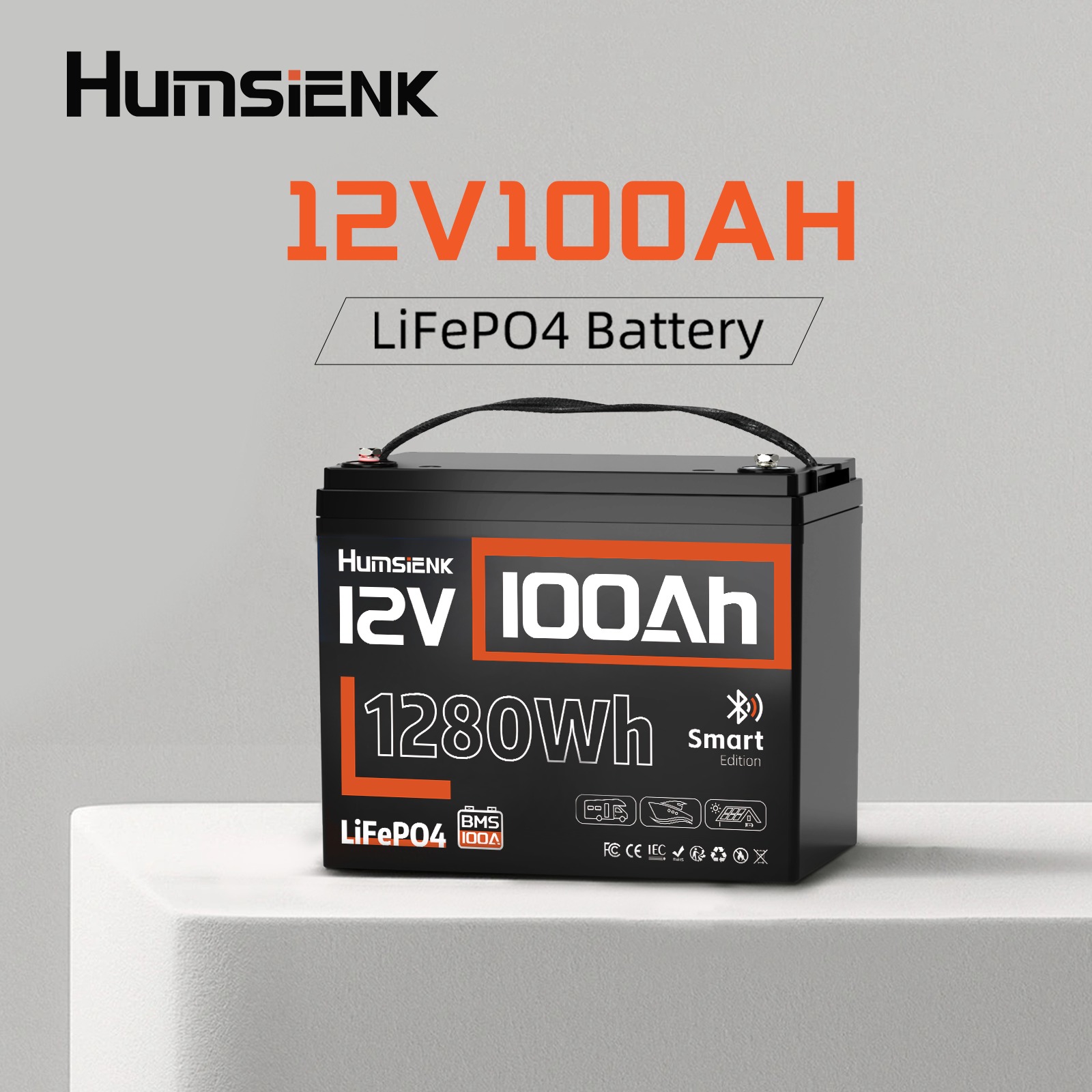 Humsienk 12V 100Ah Group 24 Lead-acid Replacement Bluetooth LiFePO4 Battery 1.28kWh for RVs/Boats