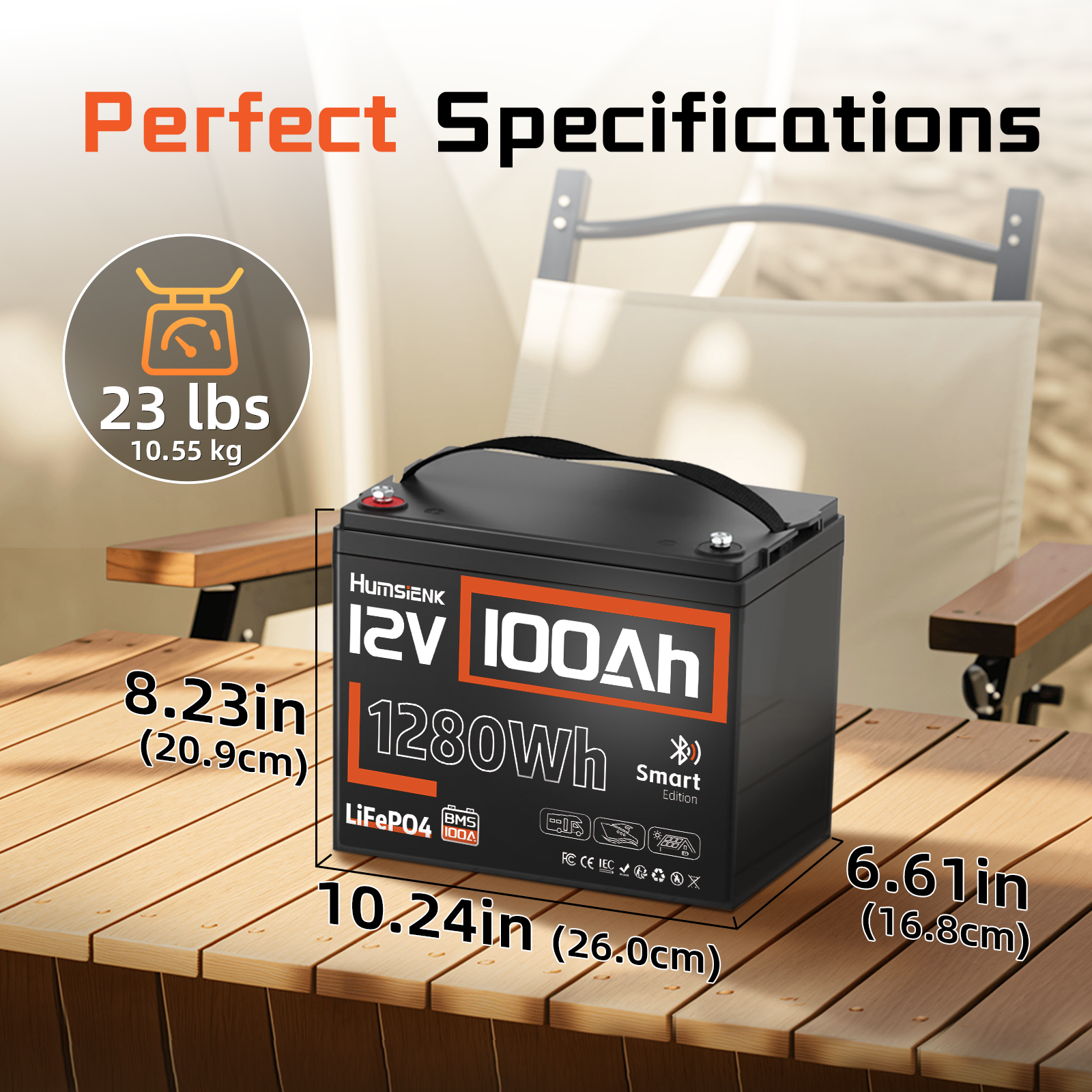 Humsienk 12V 100Ah Group 24 Lead-acid Replacement Bluetooth LiFePO4 Battery 1.28kWh for RVs/Boats