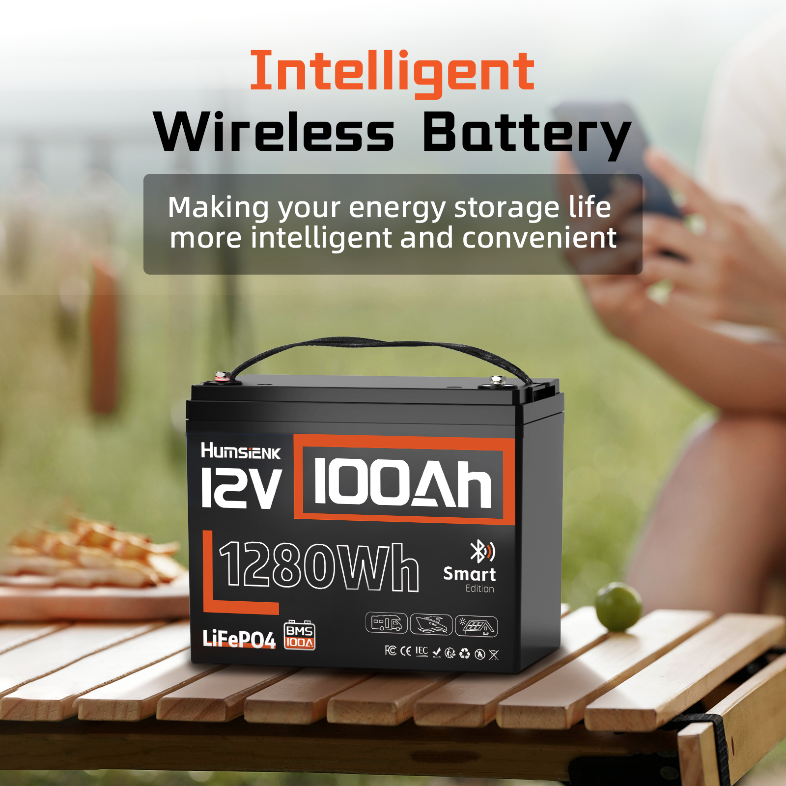 Humsienk 12V 100Ah Group 24 Lead-acid Replacement Bluetooth LiFePO4 Battery 1.28kWh for RVs/Boats