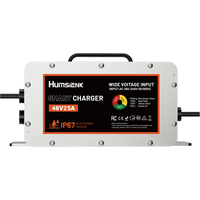 Humsienk 48V 25A smart battery charger front view – shows LED charging status lights (red below 80%, yellow above 80%, green at 100%) and glue-pouring IP67 process