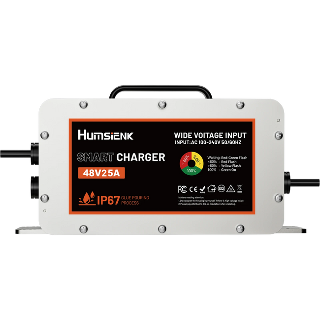 Humsienk 48V 25A smart battery charger front view – shows LED charging status lights (red below 80%, yellow above 80%, green at 100%) and glue-pouring IP67 process