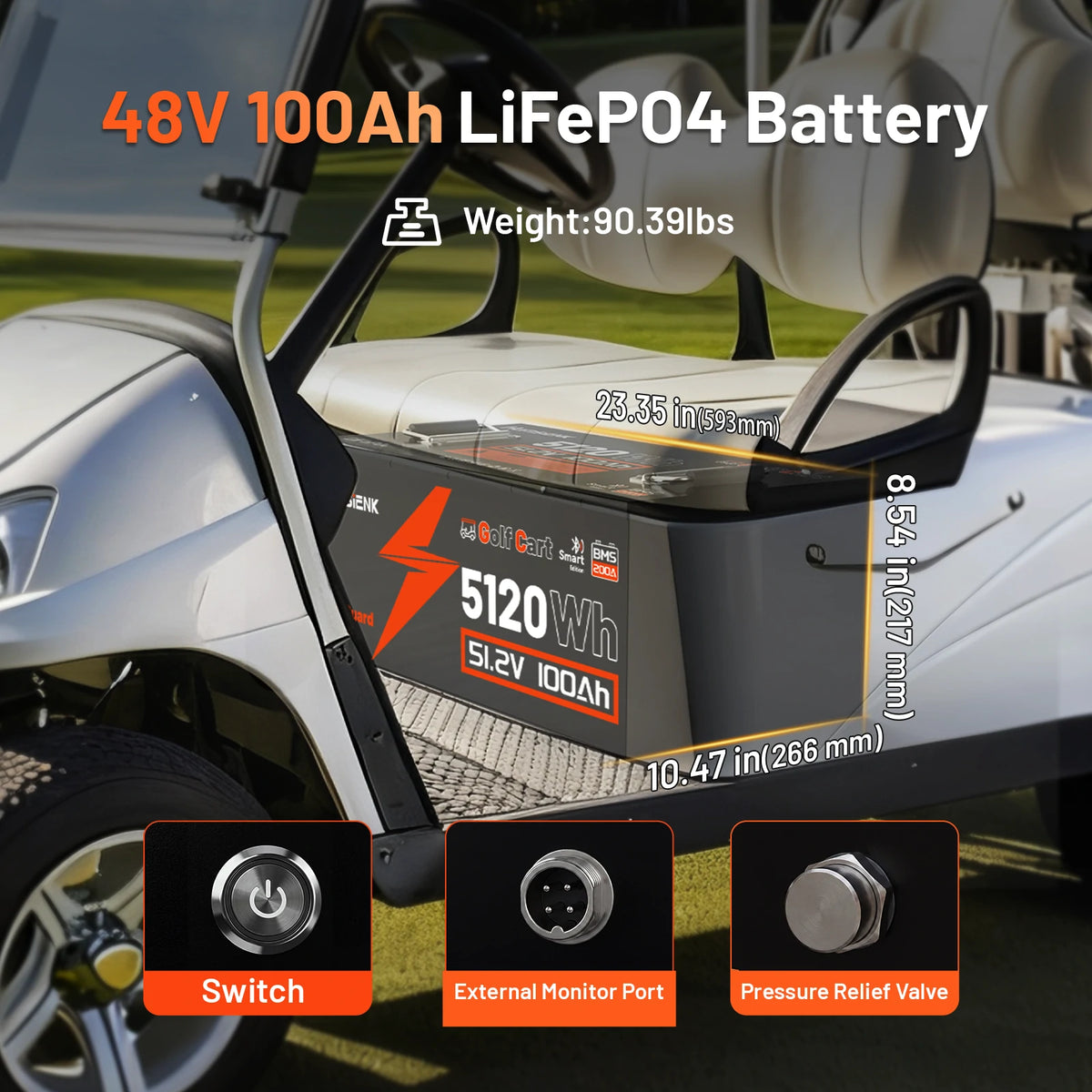 HumsienK_48V_100Ah_Golf_Cart_Bluetooth_LiFePO4_Battery_Compact_Size