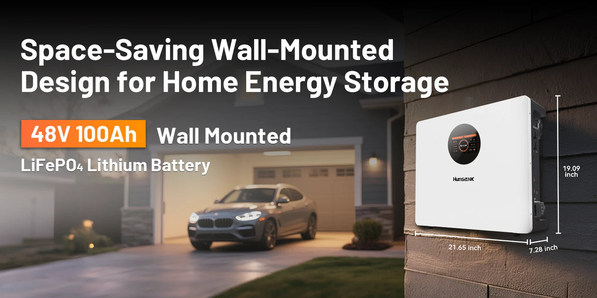 HAMSENK 48V 100Ah wall mount LiFePO4 battery 19.09x21.65x7.28 inches for home energy storage, off-grid solar systems, and emergency backup power.PC