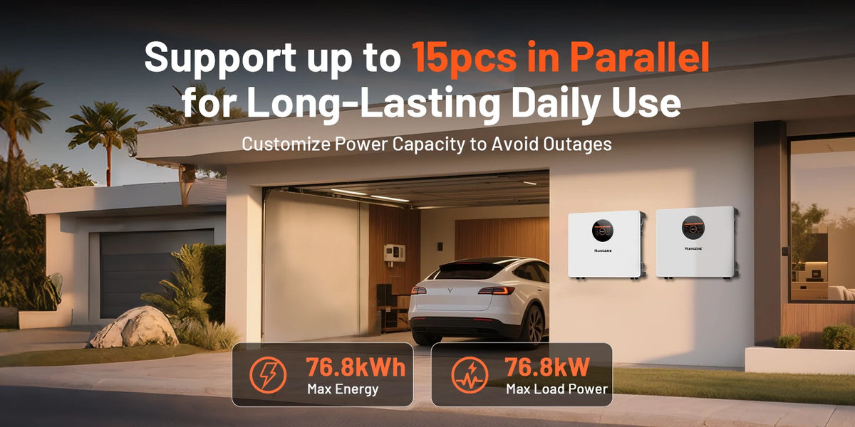 Humsienk Battery parallel system supports 15 units, 76.8kWh max storage and 76.8kW load for scalable home energy backup.PC
