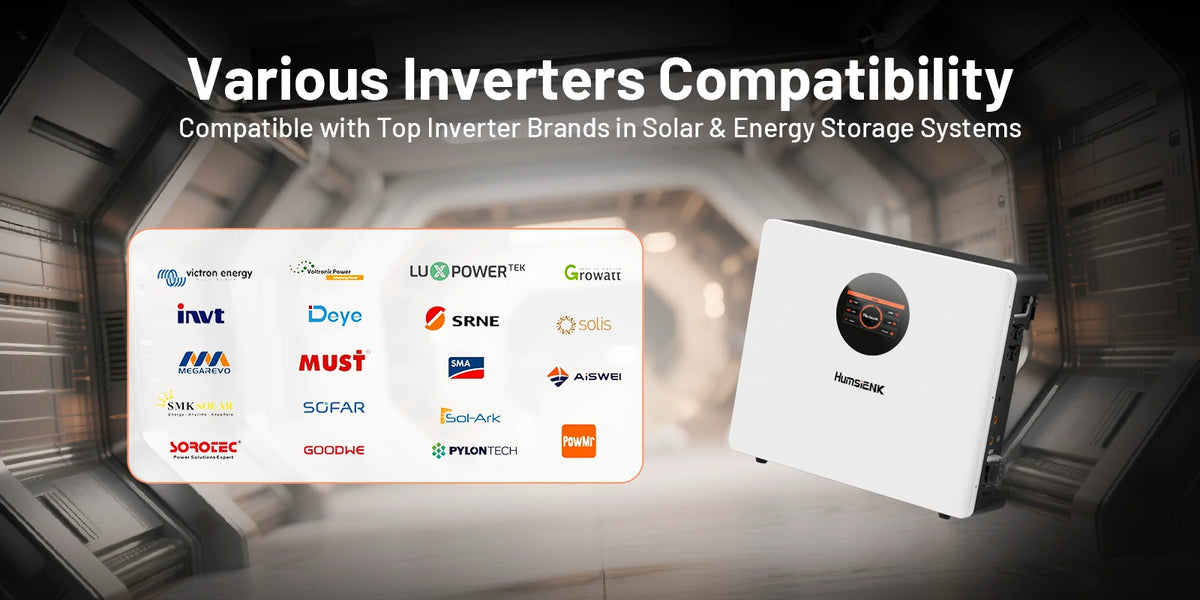 Humsienk battery inverter compatibility chart supporting Victron, Growatt, Deye, Sol-Ark, Solis, SRNE, MUST, and Pylontech brands.PC
