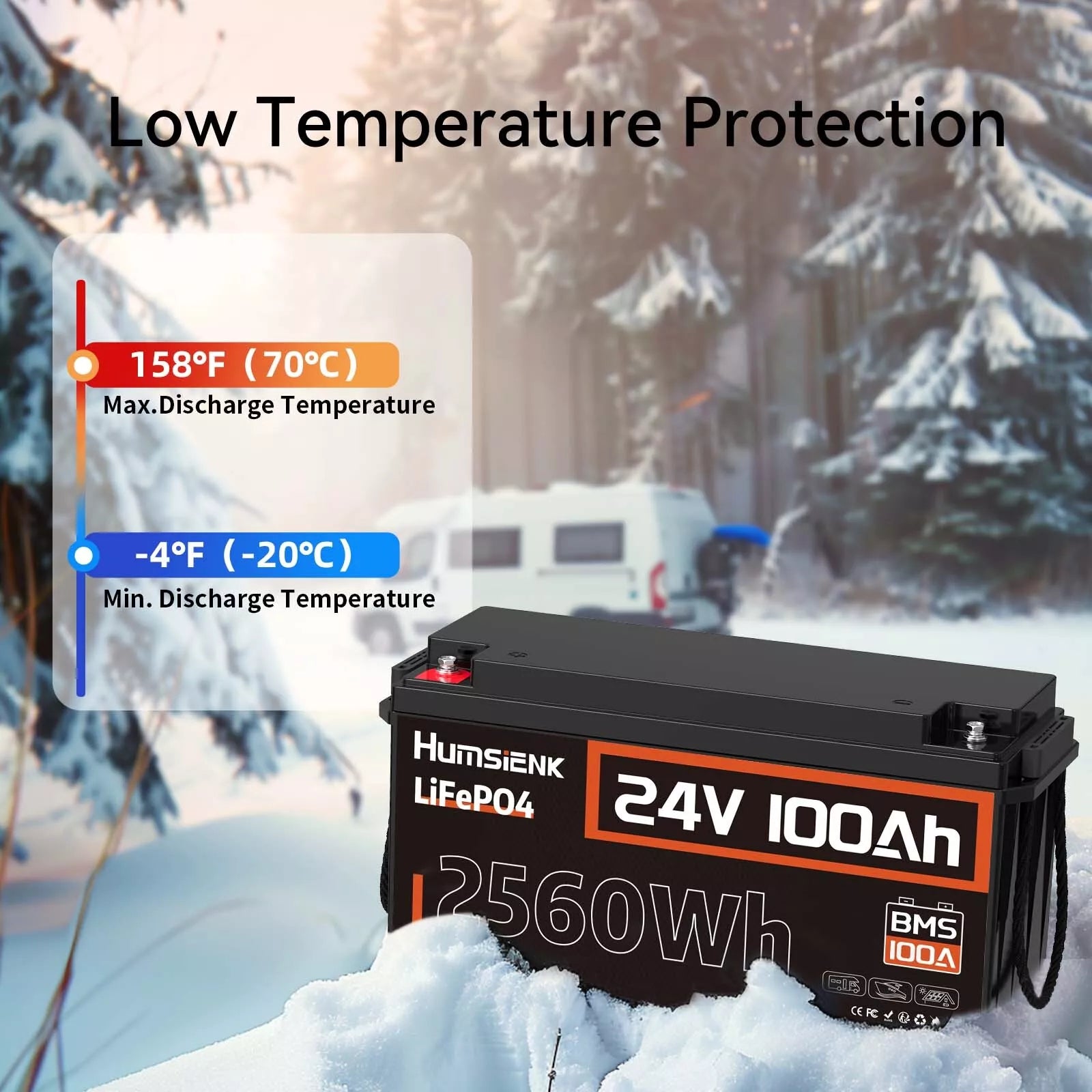 Humsienk 24V 100Ah LiFePO4 Battery 2.56kWh for RVs/Boats