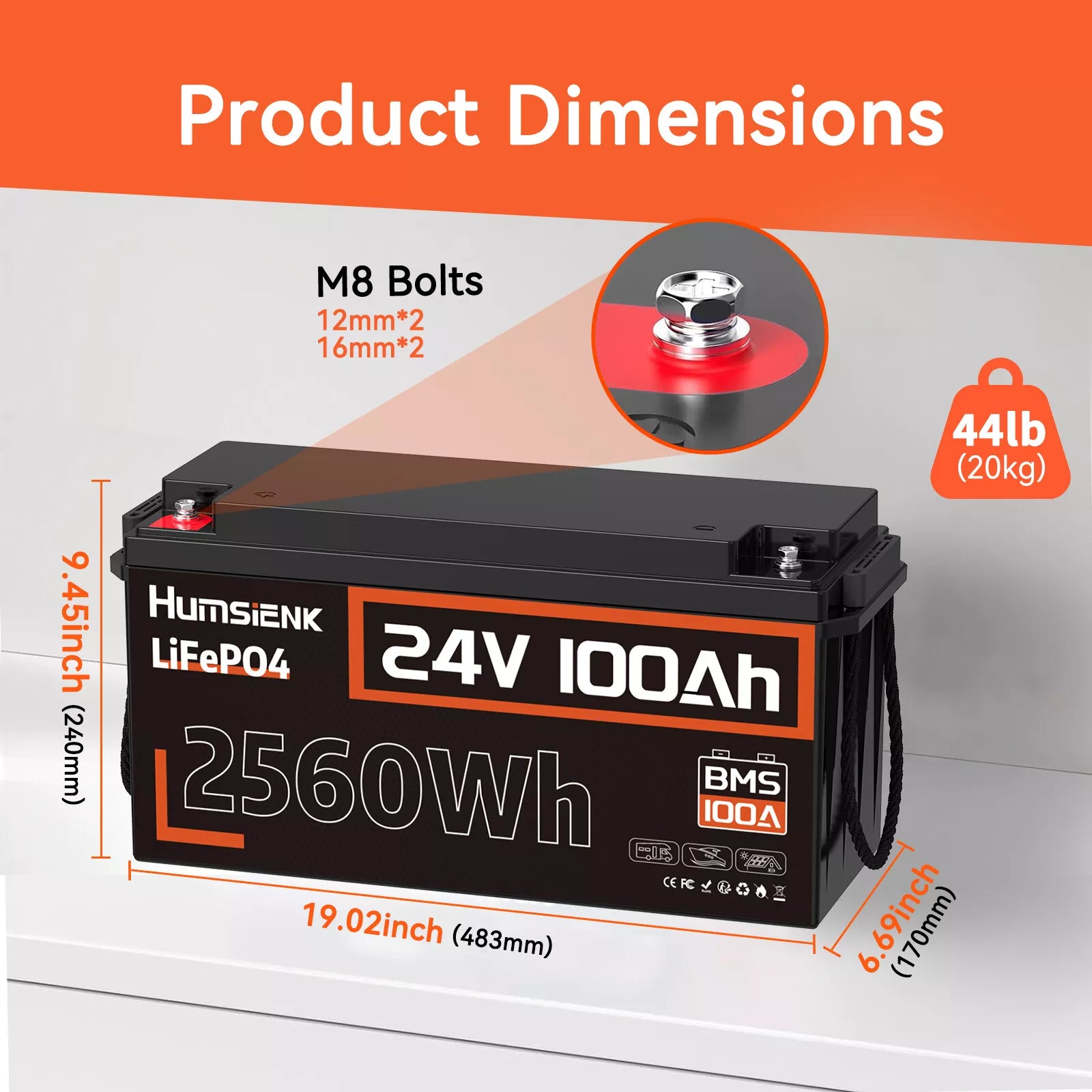Humsienk 24V 100Ah LiFePO4 Battery 2.56kWh for RVs/Boats
