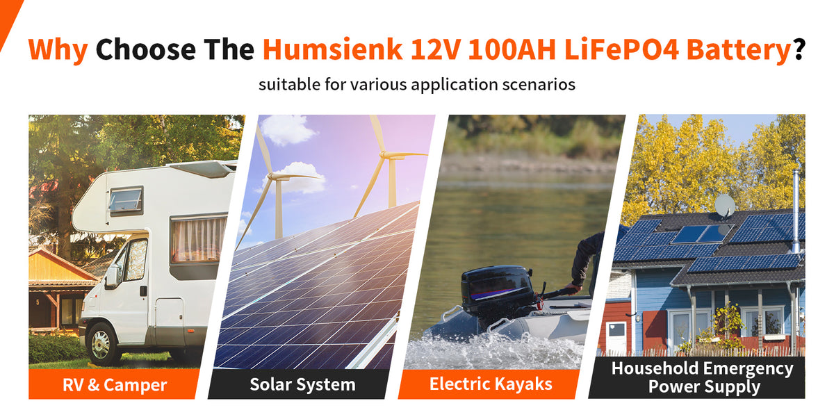 Humsienk 12V 100Ah LiFePO4 battery application chart – suitable for RV and camper, solar system, electric kayaks, and household emergency power supply PC