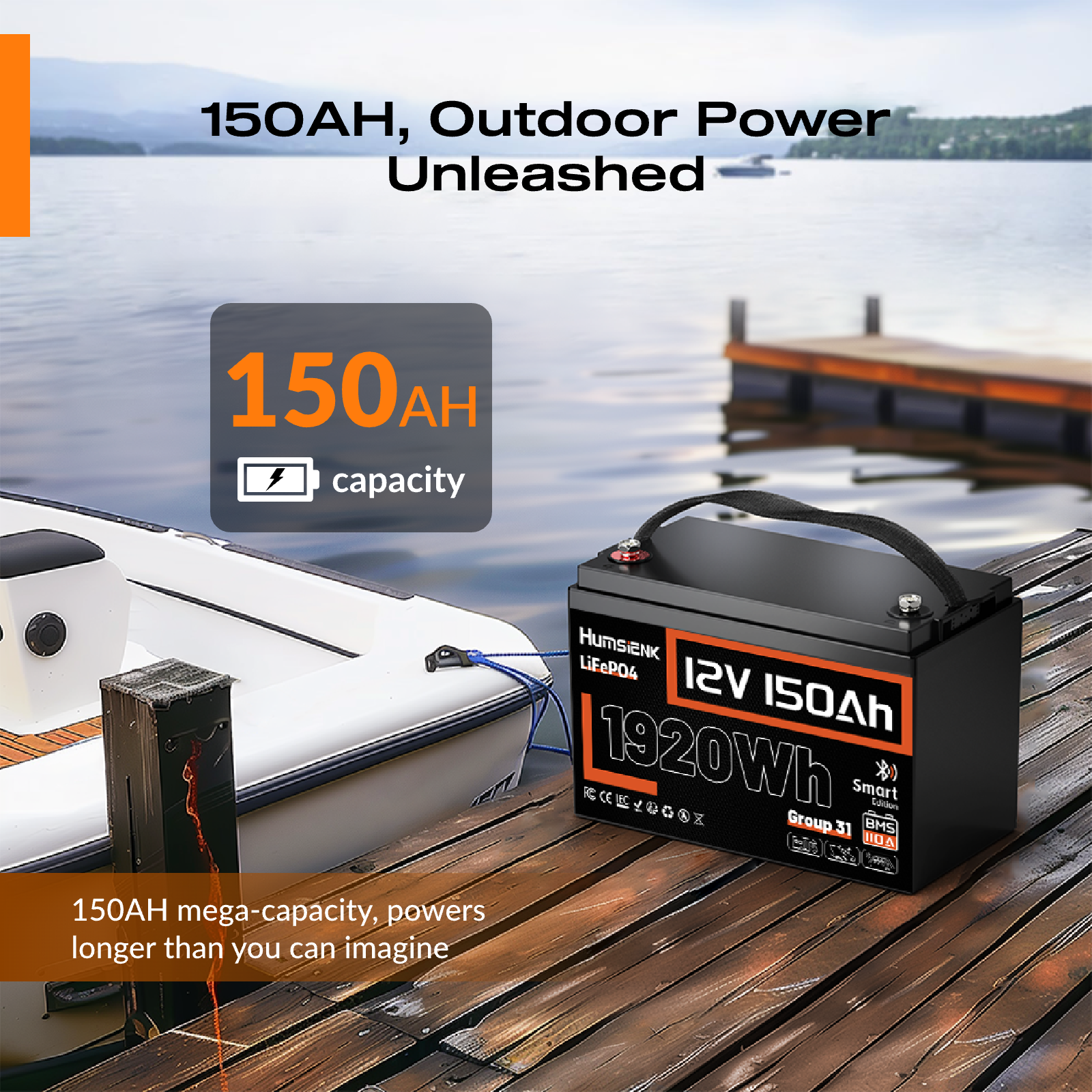 Batterie LiFePO4 12V 150Ah Avec Bluetooth – Suivi SOC, Idéale Pour Moteur De Pêche