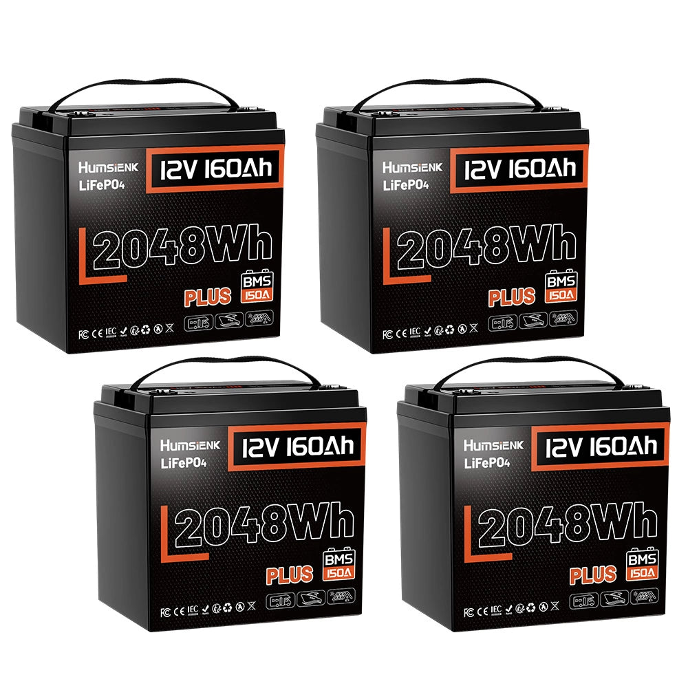 Four 12V 160Ah batteries with Humsenek branding