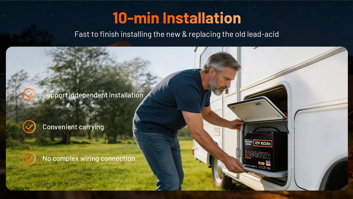 Man installing a Hunsienk 12V 160Ah plus in a vehicle with about 10-minute installation and product features.