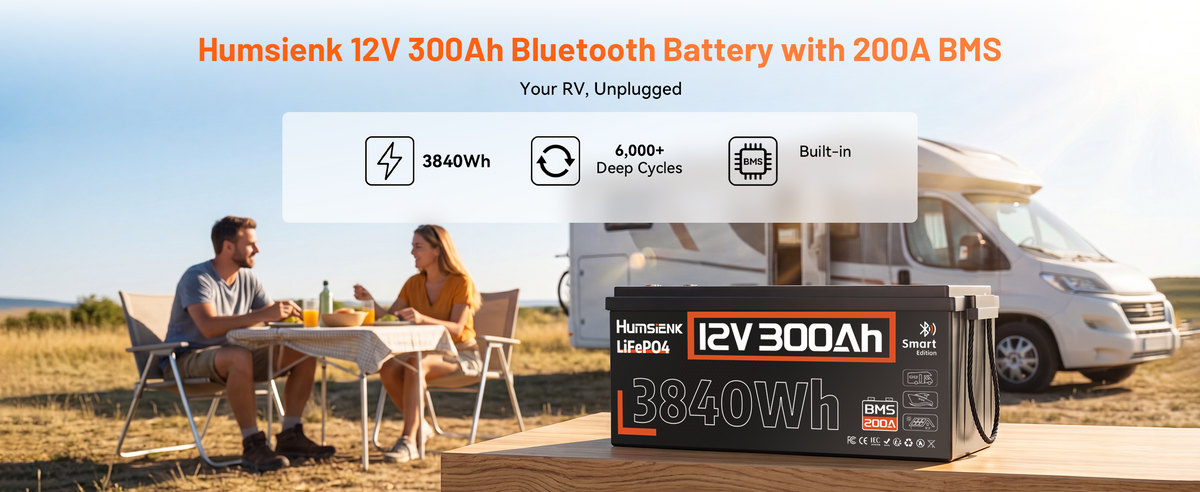 Humsienk 12V 300Ah Bluetooth LiFePO4 battery with 200A BMS, 3840Wh and 6000+ cycles for RV off-grid.PC