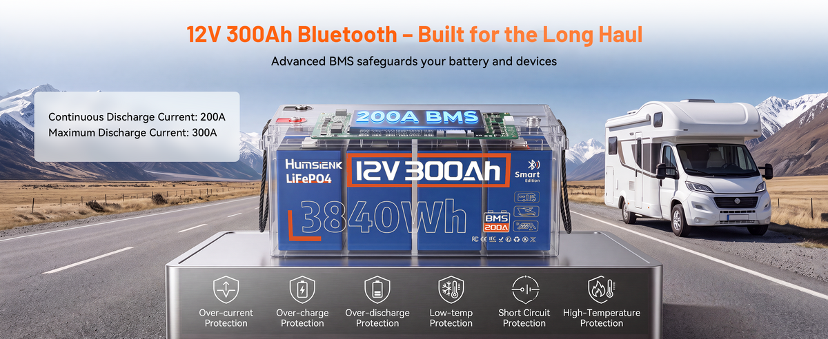 Advanced BMS protection 12V 300Ah LiFePO4 battery 200A continuous 300A peak for solar marine.PC
