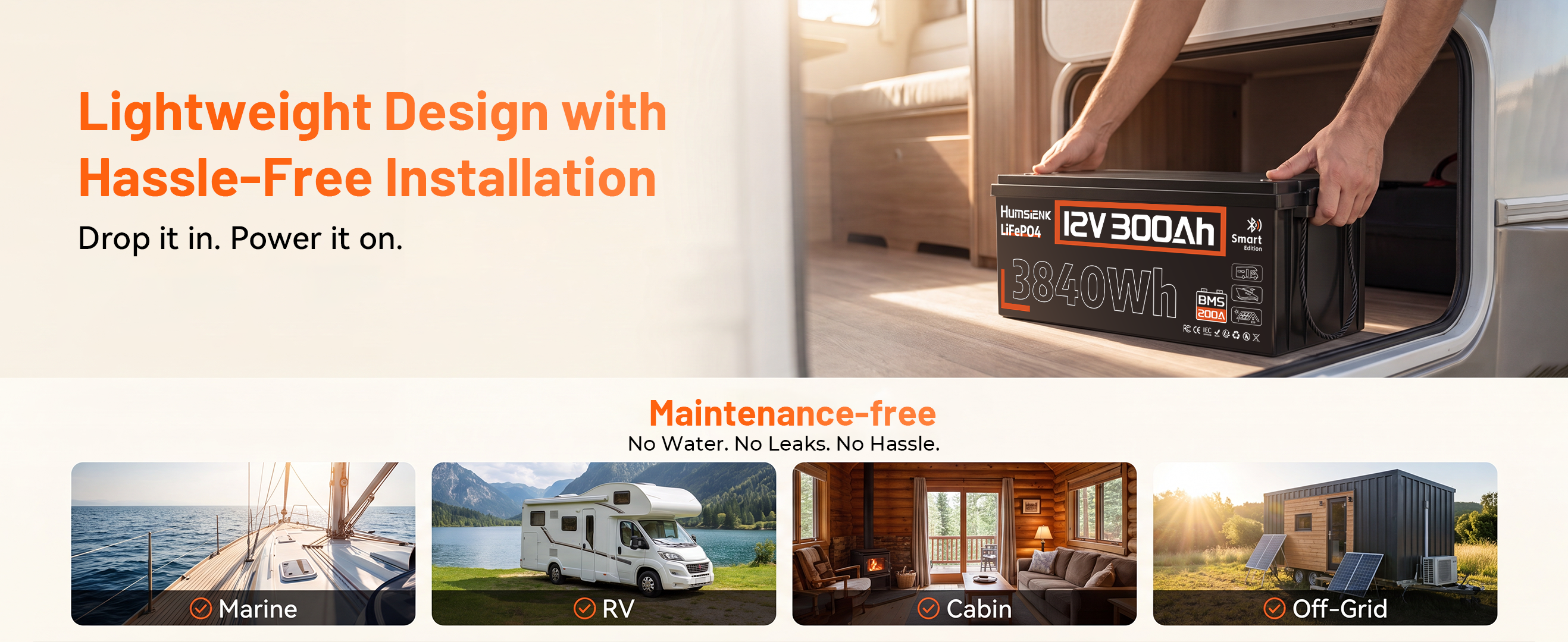 Drop-in replacement 12V 300Ah LiFePO4 battery lightweight maintenance-free for RV marine cabin off-grid.PC