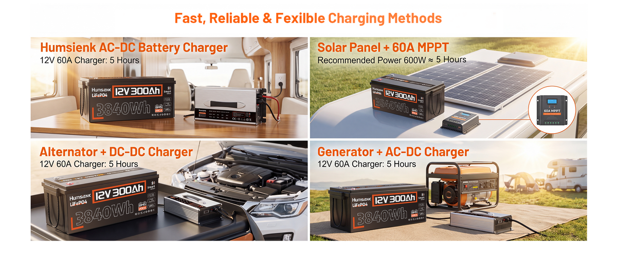 Fast 5-hour charging methods for 12V 300Ah LiFePO4 battery solar generator alternator shore power.PC