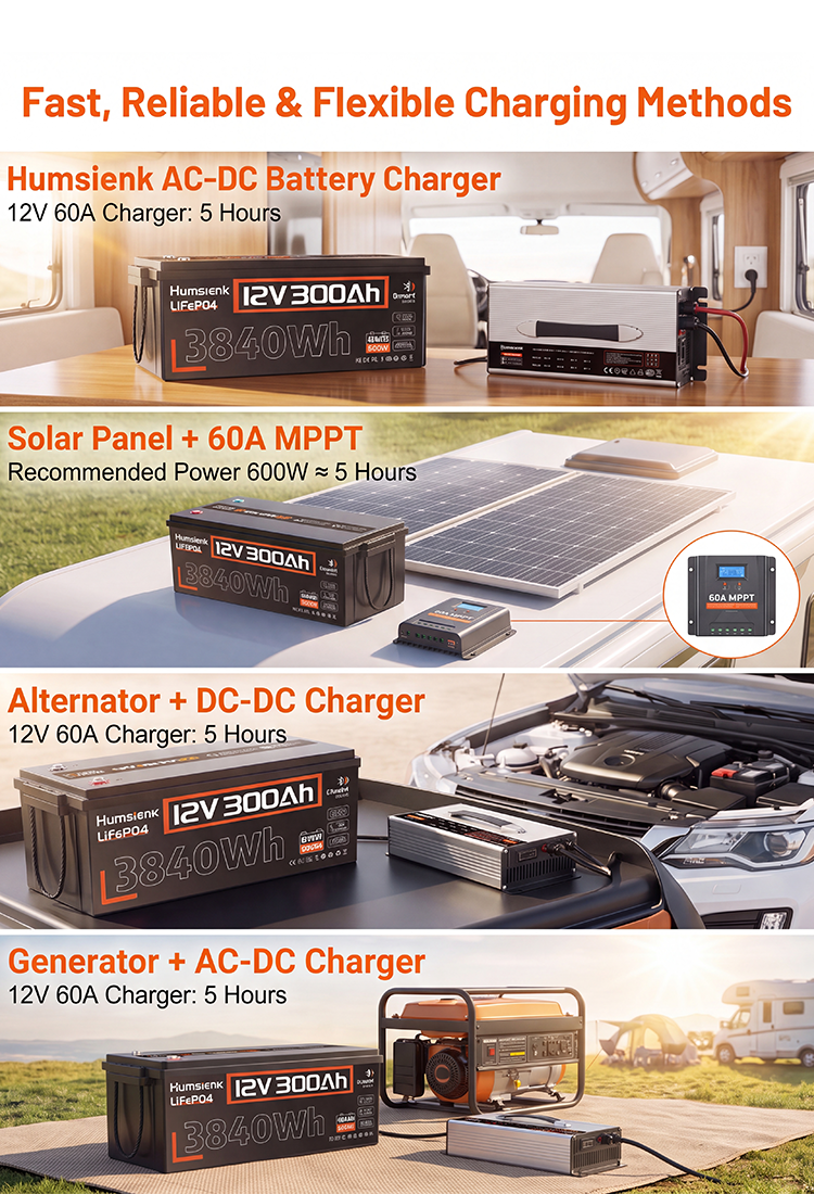 Fast 5-hour charging methods for 12V 300Ah LiFePO4 battery solar generator alternator shore power.Mobile