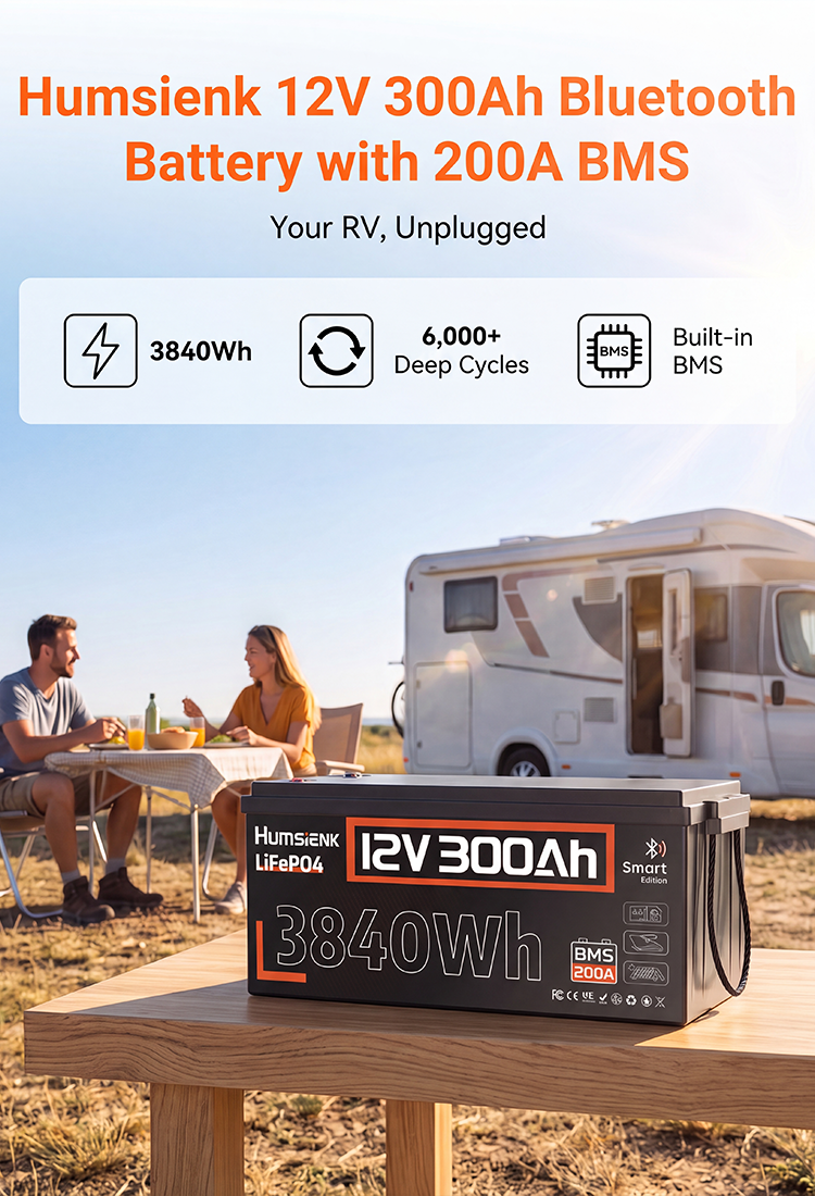 Humsienk 12V 300Ah Bluetooth LiFePO4 battery with 200A BMS, 3840Wh and 6000+ cycles for RV off-grid.Mobile