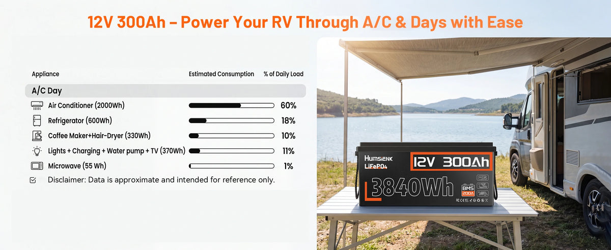 12V 300Ah RV battery energy consumption air conditioner refrigerator daily load 3840Wh