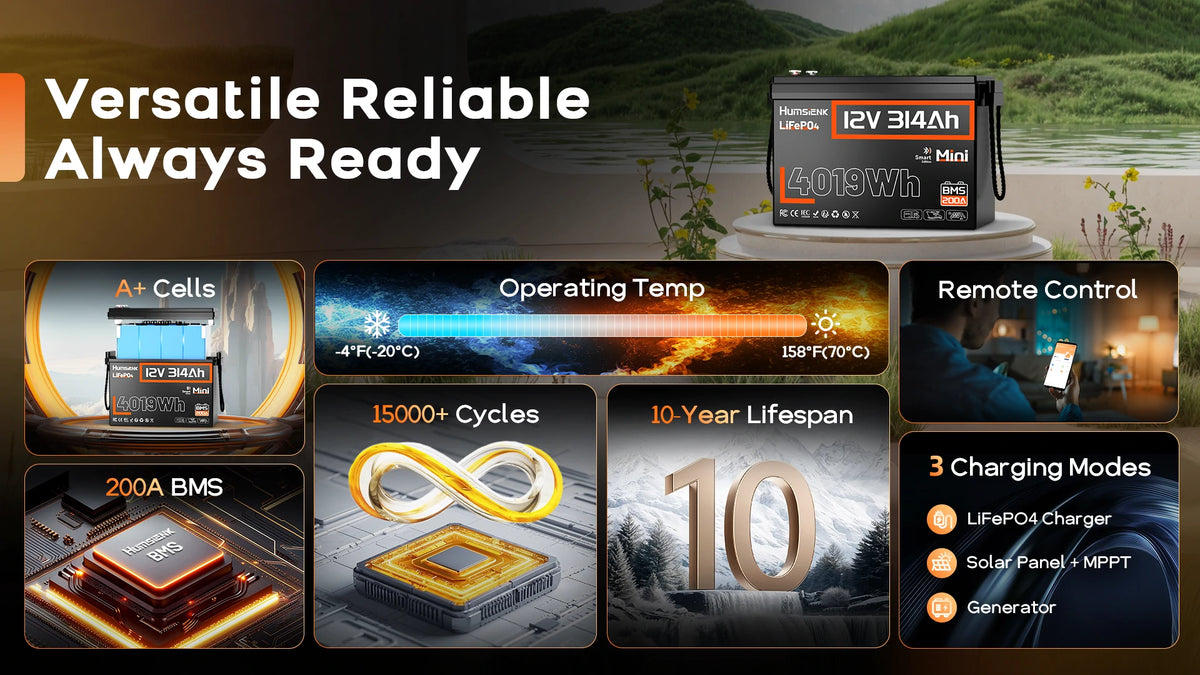 Humsienk 12V 314Ah LiFePO4 battery with 200A BMS and 15000 cycles for RV solar marine.PC