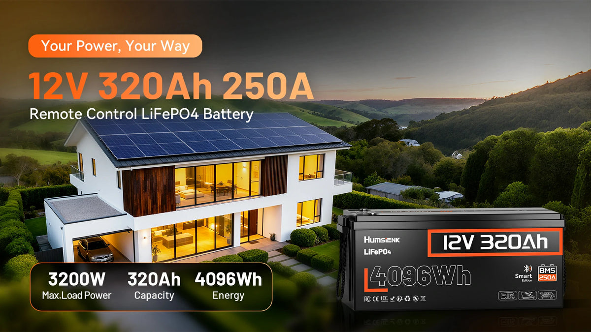 Humsenk 12V 320Ah remote control LiFePO4 battery with 250A BMS, 4096Wh capacity, 3200W max load, and smart monitoring – ideal for RV and solar storage.PC