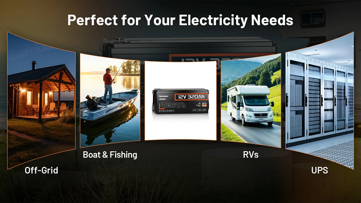 Humsienk 12V 320Ah LiFePO₄ battery perfect for boat, fishing, RVs, off‑grid solar, and UPS backup power – versatile deep cycle lithium storage.PC
