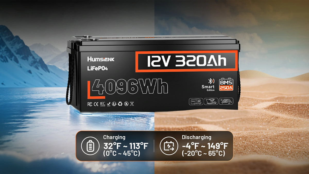 Humsienk 12V 320Ah Smart LiFePO₄ battery – 4096Wh capacity, 250A BMS, charging 32°F–113°F (0°C–45°C), discharging -4°F–149°F (-20°C–65°C) for all‑climate RV and solar use.PC