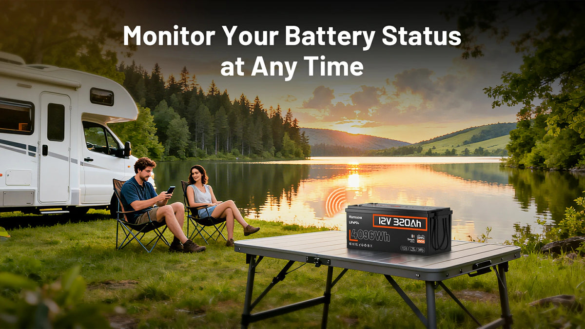 Humsienk 12V 320Ah LiFePO₄ battery with real‑time monitoring – 4006Wh capacity, smart BMS, ideal for RV solar and off‑grid systems.Mobile