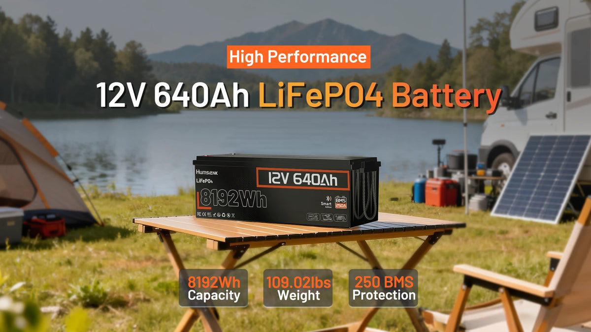 Humsienk 12V 640Ah high performance LiFePO₄ battery with 8192Wh capacity, 250A BMS protection, and lightweight 109.02 lbs design for RV and solar storage.PC