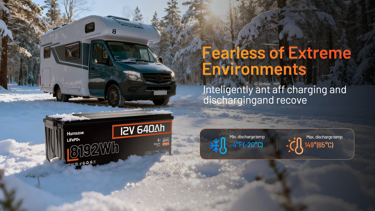 Humsienk 12V 640Ah 8122Wh LiFePO₄ battery with extreme‑temperature performance – discharges from -4°F (-20°C) to 149°F (65°C) with intelligent anti‑freeze charging for RV, marine, and solar use.PC