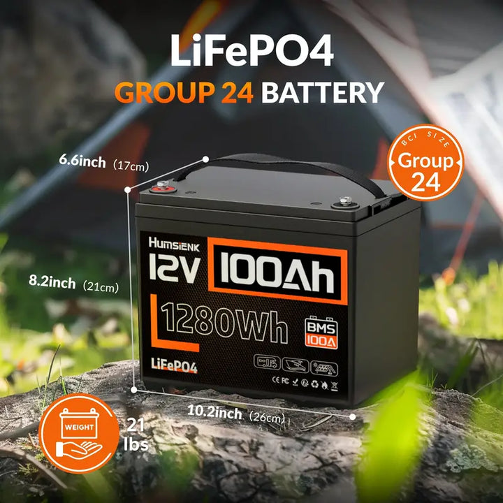 Humsienk 12V 100Ah Group 24 LiFePO4 Battery Drop-in Replacement for RV