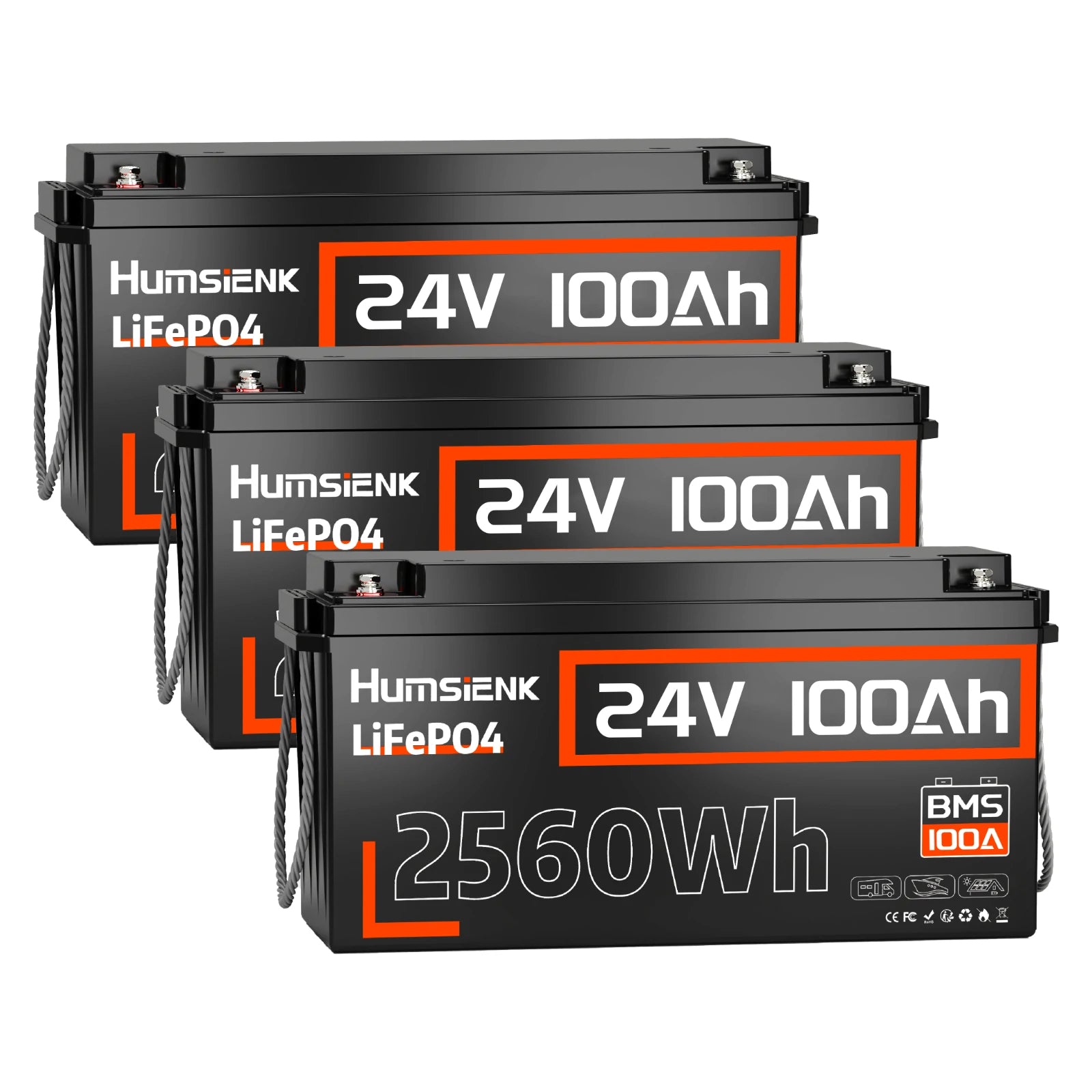 Humsienk 24V 100Ah LiFePO4 Battery 2.56kWh for RVs/Boats