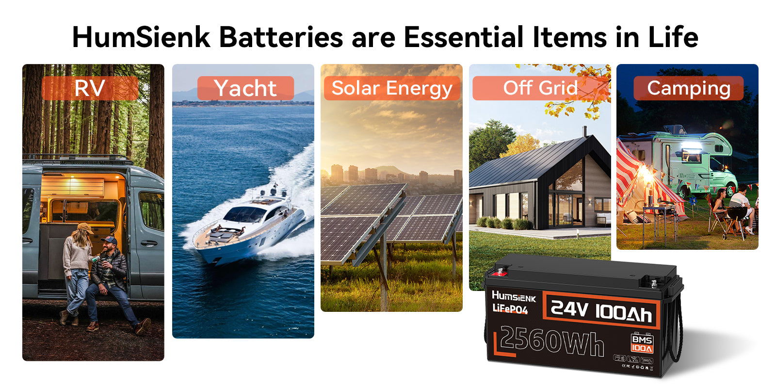 HumSienk 24V 100Ah LiFePO4 battery collage showcasing five essential uses: RV, Yacht, Solar Energy, Off Grid, and Camping.PC