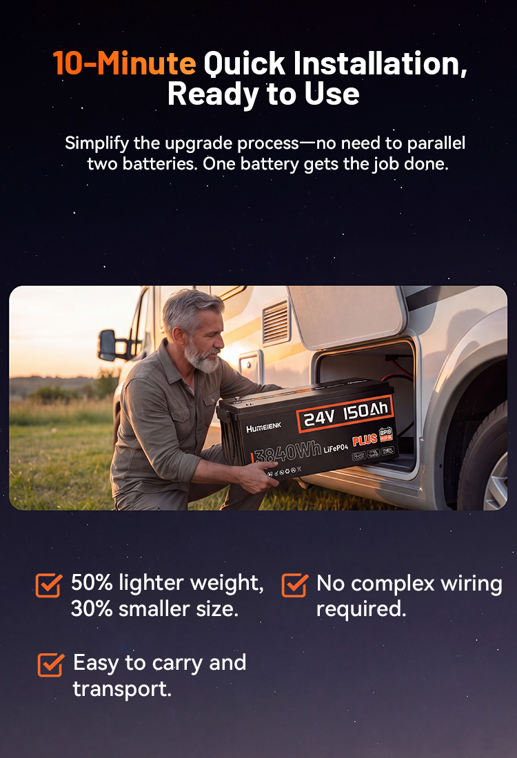Man easily installing a lightweight Humsienk 24V 150Ah LiFePO4 battery into an RV compartment for a quick upgrade.Mobile