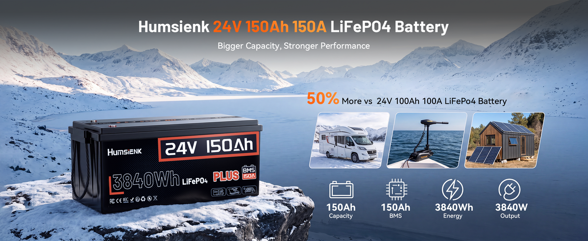 Humsienk 24V 150Ah LiFePO4 battery with 3840Wh capacity and 150A BMS, shown in snowy mountains with RV, boat, and cabin.PC