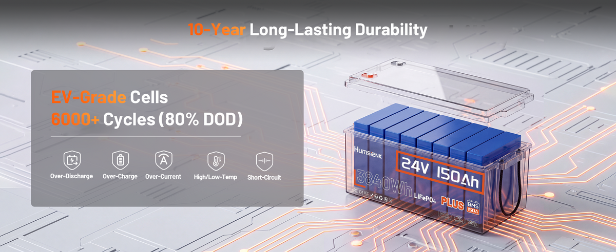 Humsienk 24V 150Ah LiFePO4 battery with EV-grade cells, 6000+ cycles, and smart BMS protection features.PC