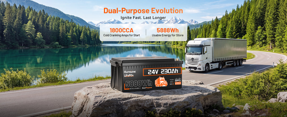 Humsienk 24V 230Ah LiFePO4 dual-purpose battery with 1800CCA cold cranking amps and 5888Wh usable energy for starting and storage.PC