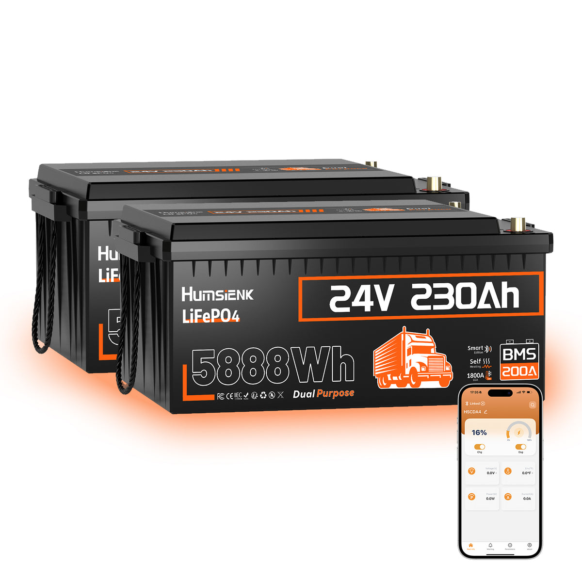 Humsienk 24V 230Ah 1800CCA Self‑Heating Bluetooth LiFePO4 Battery with 200A BMS